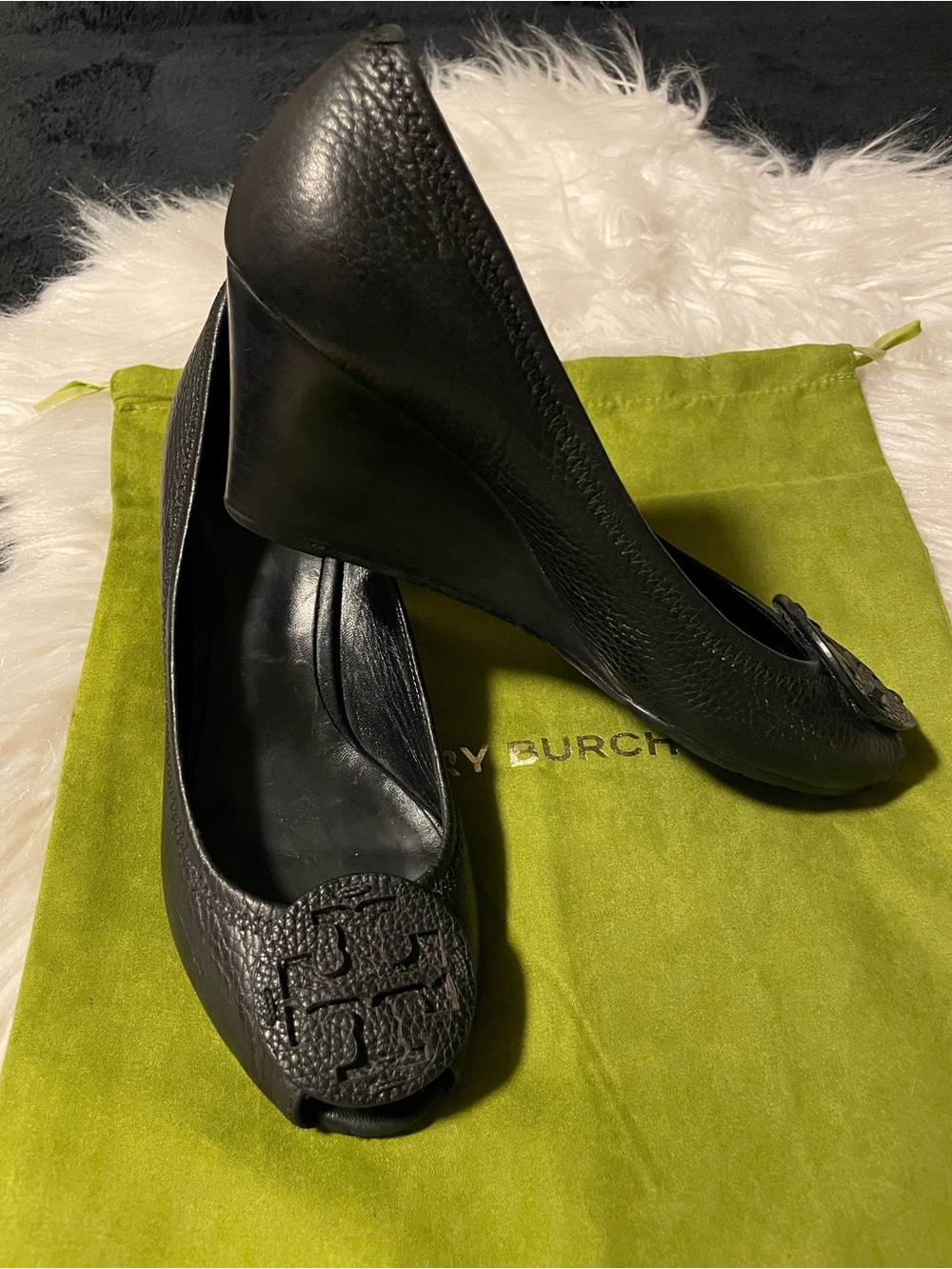 Tory Burch Black Pebbled Very soft Leather Logo Peep-Toe wedge pumps